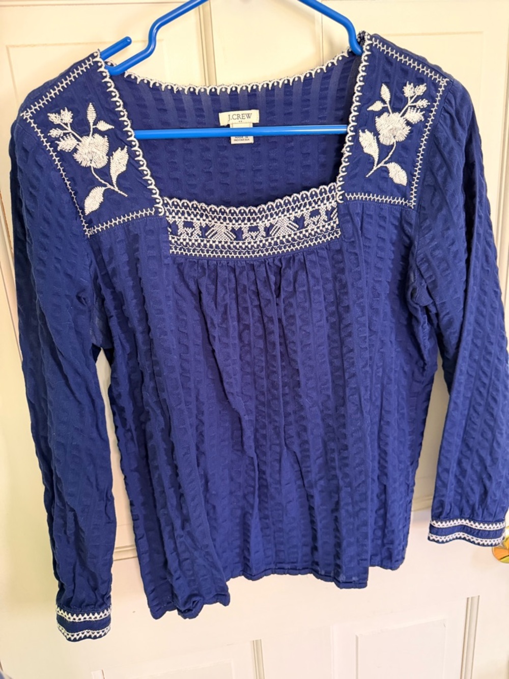 J. Crew Royal Blue Embroidered Square-Neck Top